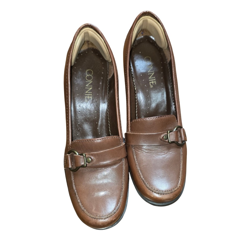 Connie Heeled Loafers Women 6M Brown Good Buckle Block Heel Leather Pumps Brazil